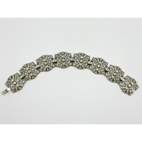 VINTAGE 1930'S KTF TRIFARI ART DECO RHINESTONE BRACELET SIGNED RHODIUM PLATED - Picture 1 of 10